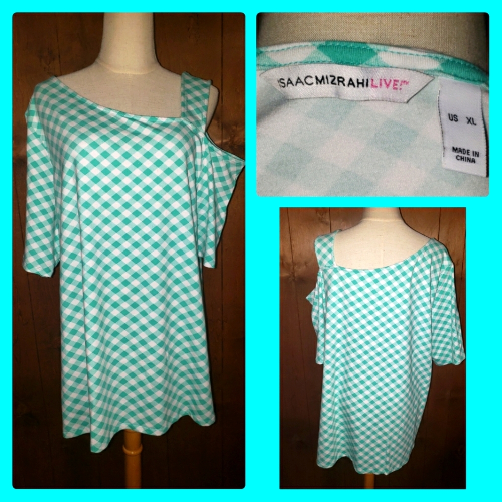 Isaac Mizrahi Gingham One Shoulder Knit Top, Green and white
